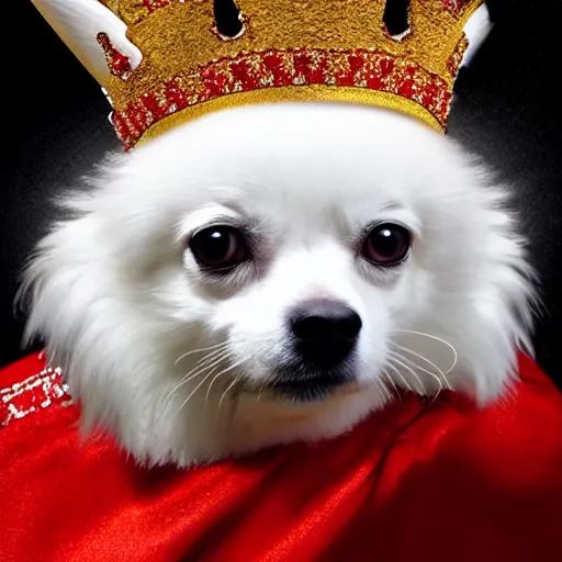 Prompt: fluffy white chihuahua king wearing a red and gold crown cinematic composition, digital art, cute