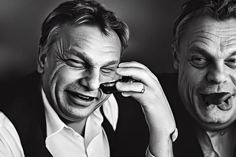 Image similar to viktor orban drinking champagne, smoking cigar, laughing hard, highly detailed face, by peter lindbergh