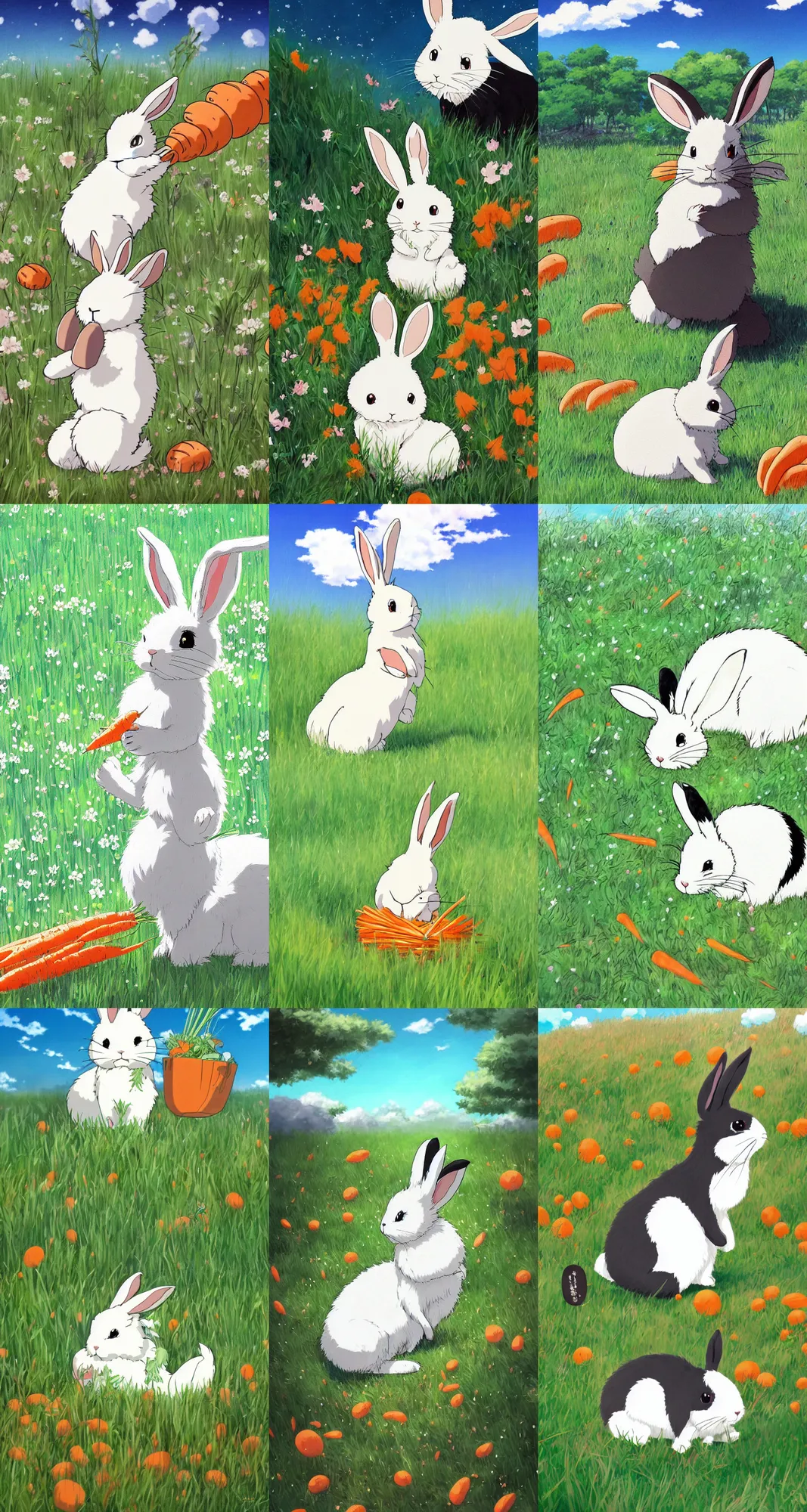 Prompt: beautiful painting from the anime film by studio ghibli, floppy eared bunny in a grassy field eating carrots, white with black spots, happy, trending on artstation