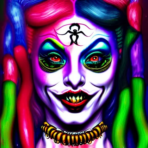 Image similar to an extremely psychedelic portrait of medusa as harleyquinn, surreal, lsd, face, detailed, intricate, elegant, lithe, highly detailed, digital painting, artstation, concept art, smooth, sharp focus, illustration