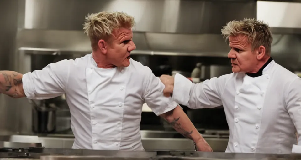 Image similar to photo of angry furious Gordon Ramsay punching Gordon Ramsay at the kitchen