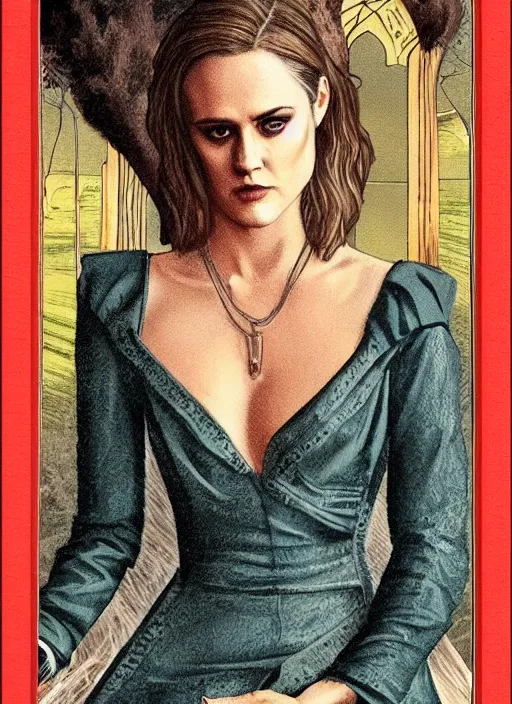 Image similar to tarot card of dolores ( evan rachel wood ) from westworld, beautiful portrait, steelblue dress, elegant, clear clean face, sam guay style