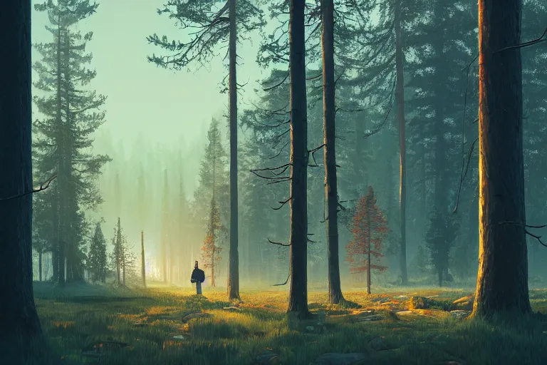 Image similar to beautiful swedish forest view, cinematic composition, highly detailed, intricate, soft lighting, very wide shot, trending on artstation, 50mm, digital painting by Simon Stålenhag