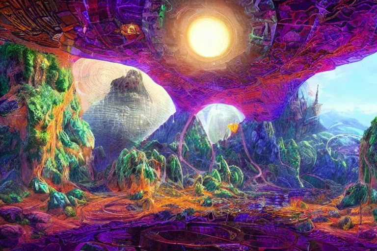 Prompt: neo - atlantean cyber monastery at the core of the hollow earth, giant glowing crystals, hyper detailed surreal sunny outdoor landscape