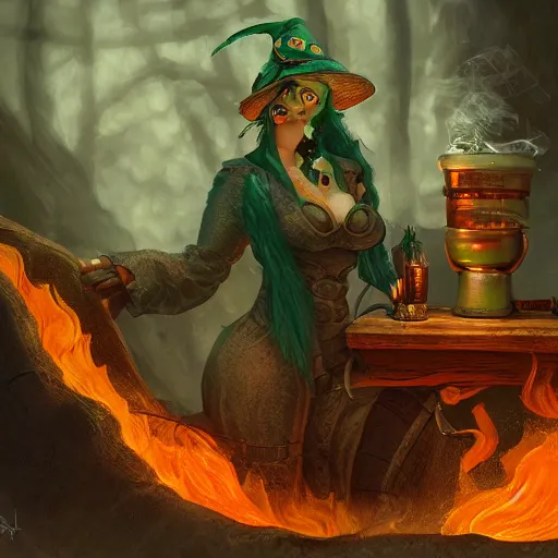 Image similar to wide shot of an old fire witch brewing in the style of flooko, detailed, fire, smoke, realism, realistic, hyper detailed, green lighting, ambient lighting, smoke, haze,