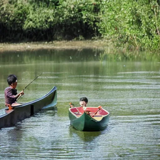 Image similar to Asian boy fishing with his father in canoe