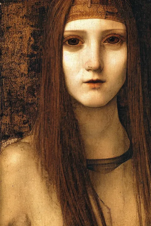 Image similar to a close - up portrait of a cyberpunk cyborg girl, by leonardo davinci, rule of thirds