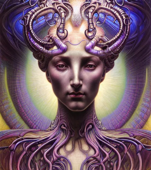 Image similar to detailed realistic iridescent beautiful young cher cyber alien fractal queen of mars portrait by jean delville, gustave dore and marco mazzoni, art nouveau, symbolist, visionary, baroque. horizontal symmetry by zdzisław beksinski, iris van herpen, raymond swanland and alphonse mucha. highly detailed, hyper - real, beautiful