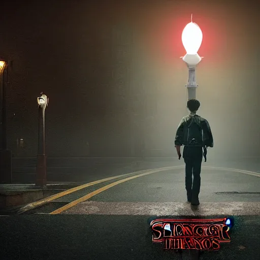 Prompt: Demogorgon from stranger things in a city at night, with fog, and a street lamp illuminating the Demogorgon