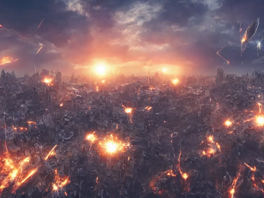 Image similar to city is being destroyed by a falling meteor, view from above, explosion, shreds, ruins, global illumination, hyperrealistic, volumetric lighting, epic cinematic shot, perfectly defined features, ambient occlusion