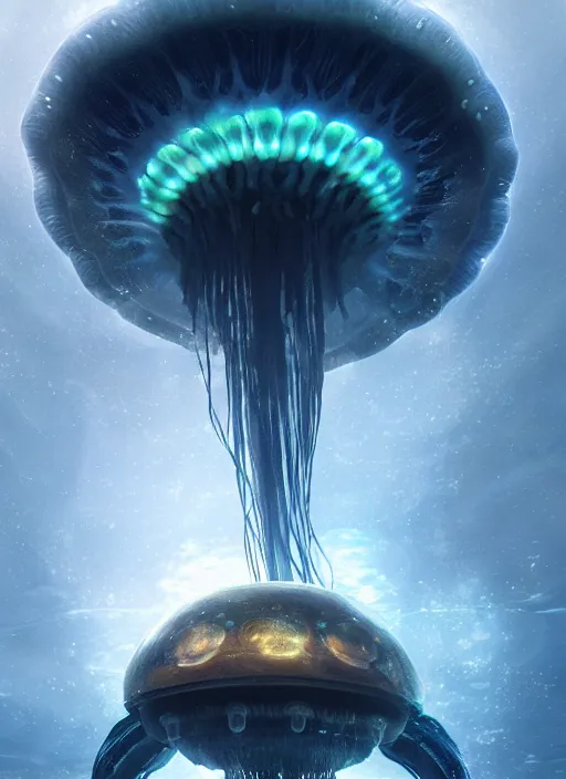 Image similar to jellyfish alien vehicle, sparks, ultra realistic, underwater temple, cinematic lighting, machines, highly detailed, sharp focus, artstation, masterpiece, art by greg rutkowski