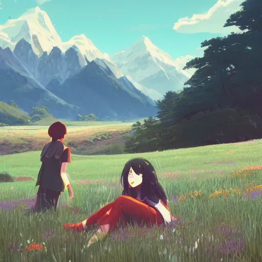 Prompt: one teen girl with long black hair and bangs, one teen boy with black hair, flower fields and mountains in the background, digital painting, artstation, highly detailed, by makoto shinkai and thomas kindle and James gilleard