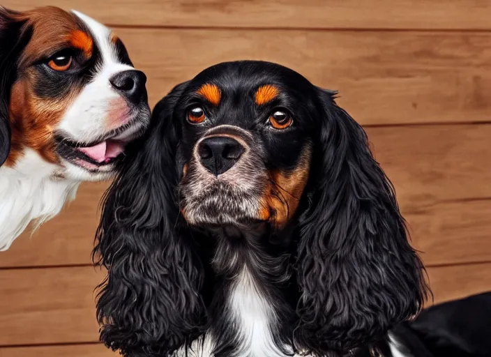 Prompt: photo realistic picture 5 0 mm of a black king charles cavalier sitting next to a brown dash hound, they are both looking at each other lovingly