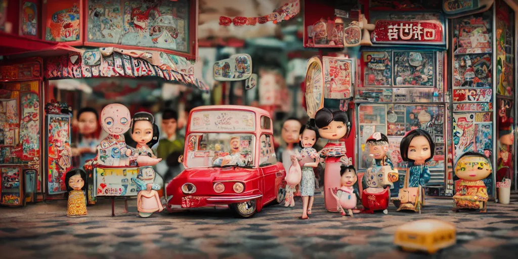 Image similar to closeup portrait of tin toy retro tokyo corner store diorama, depth of field, f 3 2, zeiss lens, detailed, centered, fashion photoshoot, by nicoletta ceccoli, mark ryden, lostfish, breathtaking, 8 k resolution, extremely detailed, beautiful, establishing shot, artistic, hyperrealistic, octane render, - h 8 0 4