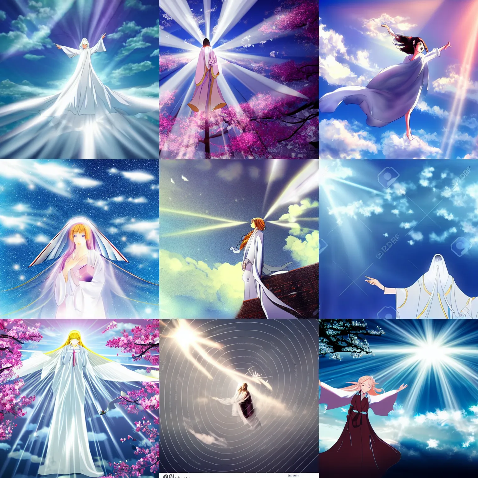 Prompt: beautiful female model flying above skies covered in white cloak, god rays, japanese animation, manga