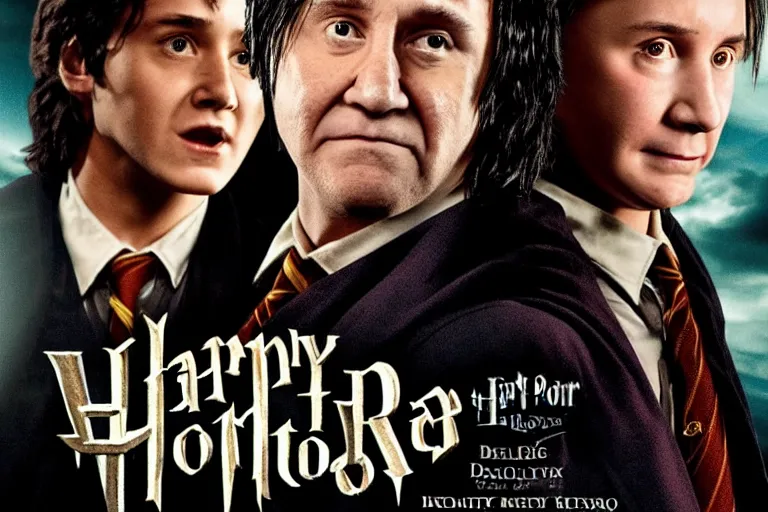 Prompt: Movie poster for Harry Potter with Danny DeVito as Albus Dumbledore and Keanu Reeves as Severus Snape