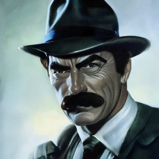 Image similar to ultra realistic head and shoulders portrait painting of tom selleck as the riddler, art by frank frazetta, 4 k, ultra realistic, highly detailed, epic lighting