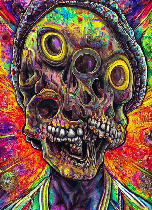 Prompt: extravagant and complex painting with almost quantum details of a hybrid of a zombie skull with a cap, riding a skateboard at full speed and you can see the mandiba, psychedelic mad surreal new psy horror art