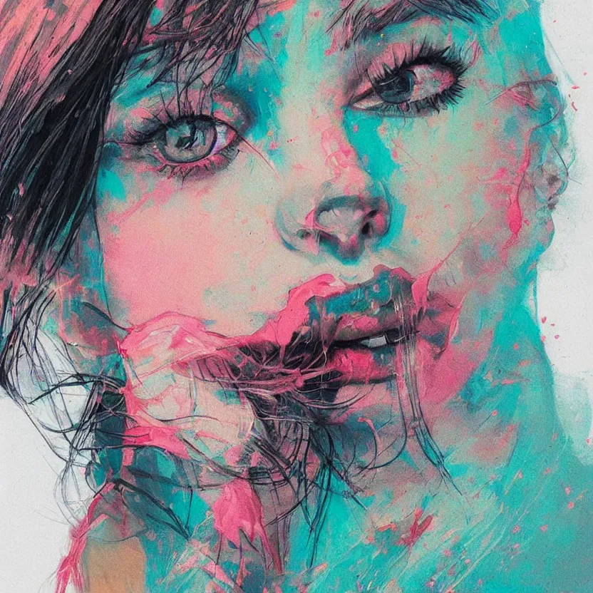 Image similar to close up portrait painting of a female dressed in nineties street styling, concept art, intricate details, highly detailed, aesthetically pleasing pastel colors, art by conrad roset