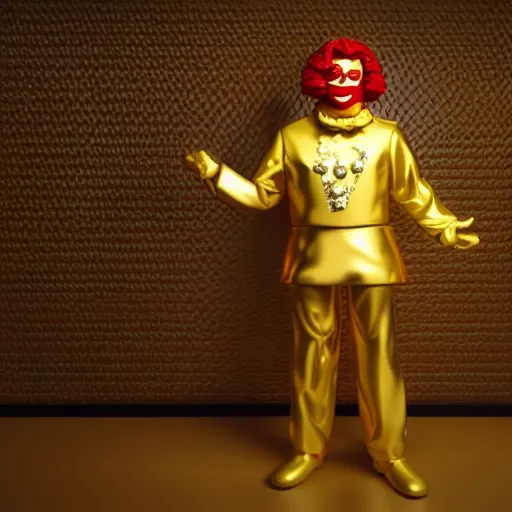 Image similar to A still of Ronald McDonald surrounded by gold and diamonds, Award-winning, photograph, 3d render, unreal engine, 4k detailed