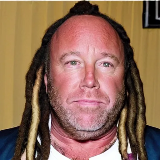 Image similar to Alex Jones appears as Lil Wayne with dreadlocks and facial tattoos, close up, high quality, photo