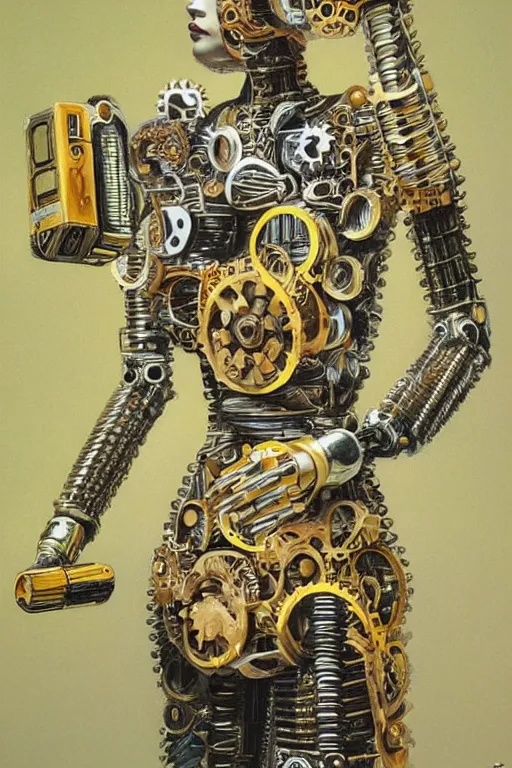 Image similar to a highly detailed retro futuristic female android with gears and other mechanical parts made out of pasta going for a walk outside, a robot made out of pasta, arms made out of spaghetti, eyes made out of macaroni, painting by Jim Burns and Julie Bell