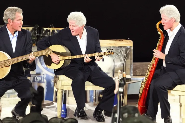 Image similar to george w bush playing banjo, bill clinton playing saxophone on stage