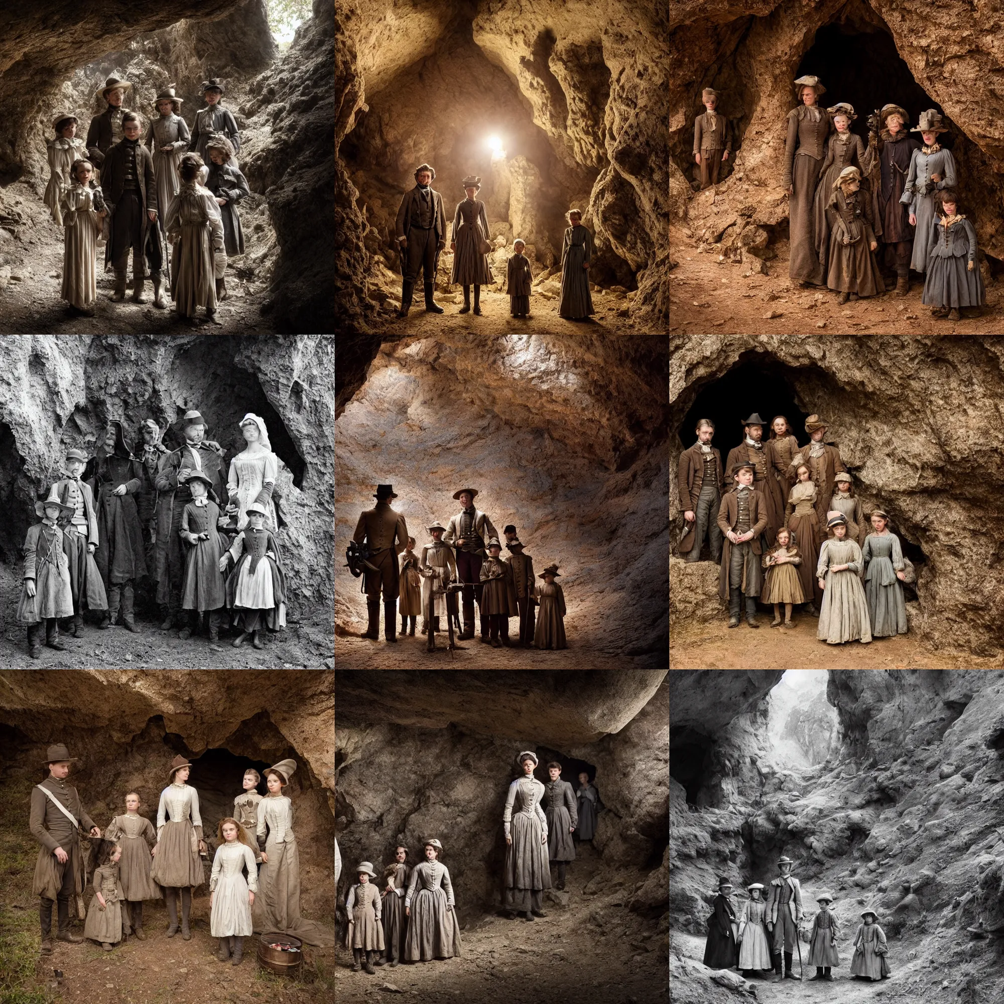 Prompt: sharp, highly detailed, film from a sci fi 8 k movie, set in 1 8 6 0, family standing outside a cave on a strange alien planet, wearing 1 8 5 0 s era clothes, atmospheric lighting, in focus, reflective eyes, 3 5 mm macro lens, live action, nice composition, good photography