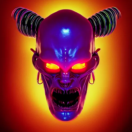 Image similar to synthwave demonic alien face with neon tattos, detailed face, sharp focus, synthwave art, aesthetic, octane render, raw, cinematic