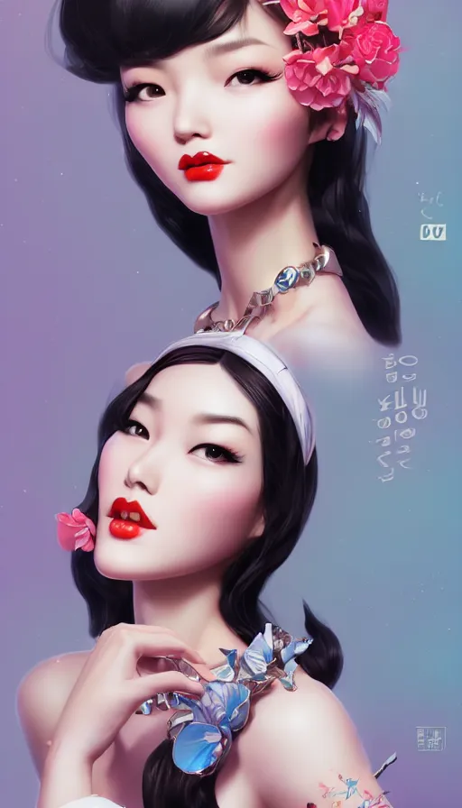 Image similar to a pin up and beautiful fashion and charming and dreamlke asian girl, lv jewelry, art by artgerm & jeehyung lee & wlop, hyperdetailed, 8 k realistic, symmetrical, frostbite 3 engine, cryengine, dof, trending on artstation, digital art