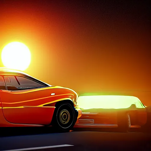 Image similar to a car is flying in front of a bright orange sun, a raytraced image by Mārtiņš Krūmiņš, featured on cg society, space art, outrun, #screenshotsaturday, octane render