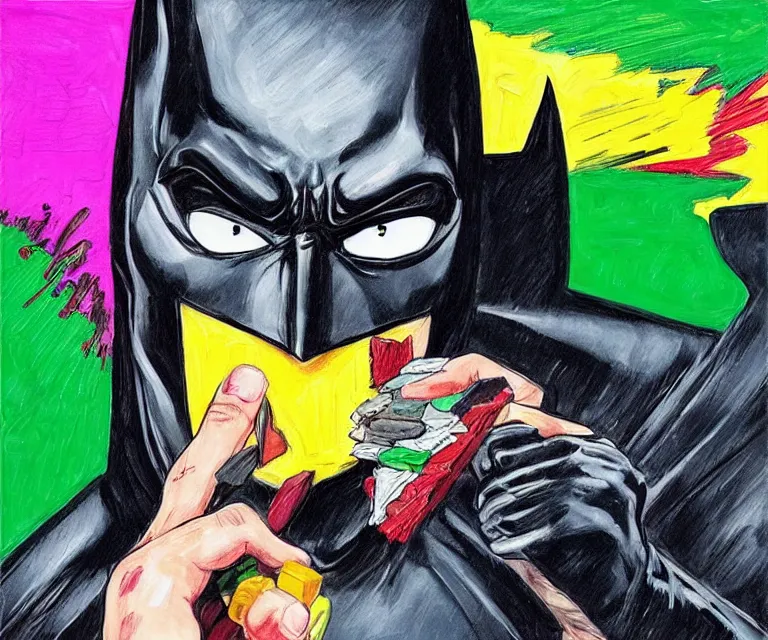 Image similar to “ sad batman crying and snacking on crayons from the box, eviscerated, photorealistic, hyperrealism, highly detailed, very pixar, mildly francoise nielly ”