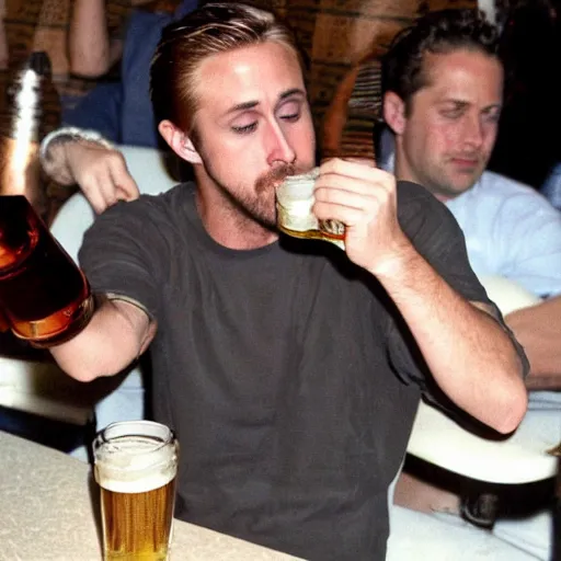 Image similar to ryan gosling drinking beer, high quality photo