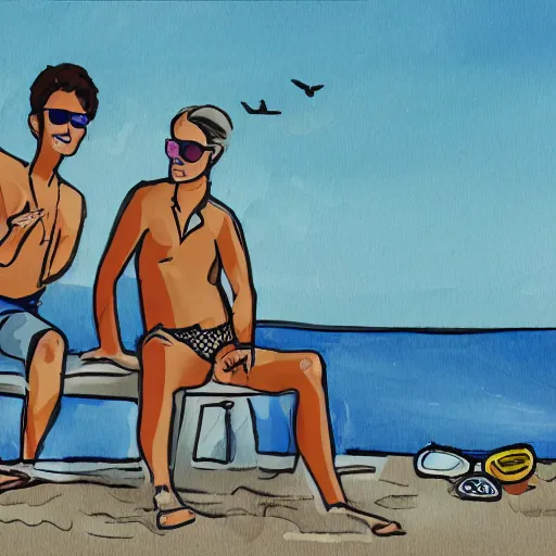 Prompt: a doctor on brighton beach, england, sunglasses, man with friend, pebbles, sunbathing. illustration
