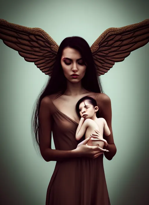 Prompt: beautiful women with wings holding her baby, latina, rule of thirds, haze, intricate, symmetrical!!, makeup, loreal, maybelline, depth of field, cinematic, filmic, vsco, concept art, artstation, digital painting, elegant, model