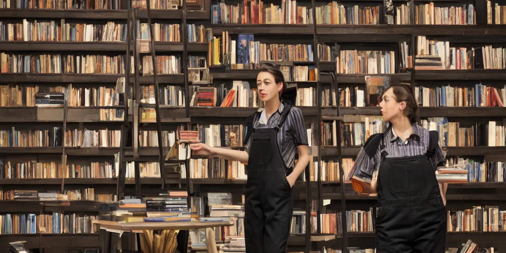 Prompt: A female bookseller in black overalls shelves books in her bookshop, cinematic lighting, detailed oil painting, 4k