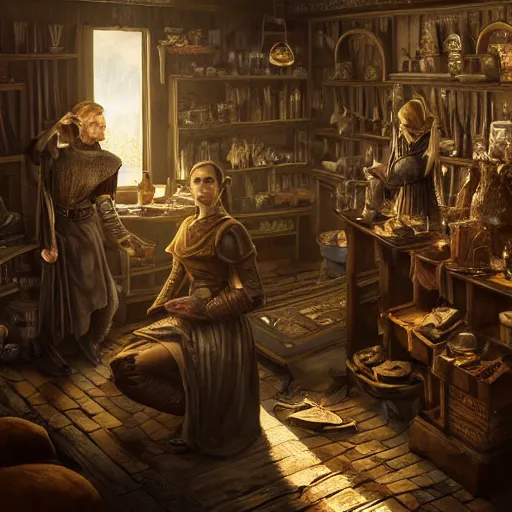 Image similar to the elder scrolls vi majestic gracious high elf merchant portrait, indoors rustic clothing shop, painted, dark room, one point of light coming through the window, atmospheric lighting, painted, intricate, volumetric lighting, beautiful, golden hour, sharp focus, ultra detailed, by leesha hannigan, ross tran, thierry doizon, kai carpenter, ignacio fernandez rios