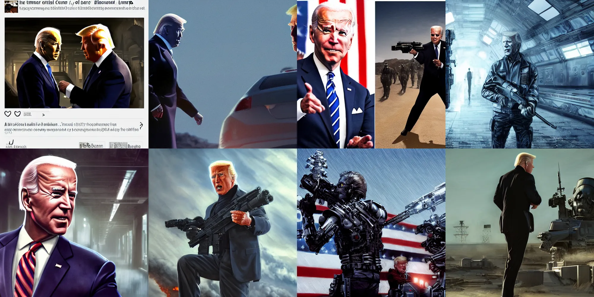 Prompt: joe biden is a terminator shooting donald trump, cinematic, establishing shot, extremly high detail, photorealistic, cinematic lighting, artstation, style by James Gurney