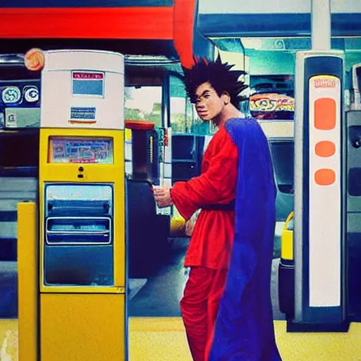 Prompt: candid photo of Cosmic Goku as a sorcerer at the gas station by Annie Leibowitz, photorealisitc, extremely detailed