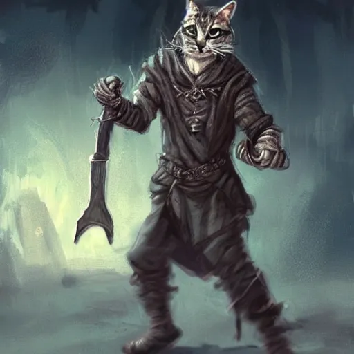 Prompt: humanoid homeless cat wielding a sword and wearing rags, d & d, fantasy, concept art, trending on artstation