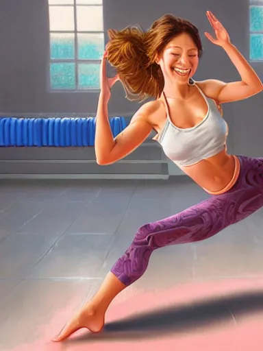 Image similar to a beautiful happy woman doing yoga at the gym. smiling popular girl. intricate, elegant, highly detailed, digital painting, artstation, cinematic shot, concept art, sharp focus, illustration, by justin gerard and artgerm 8 k