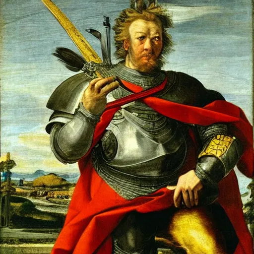 Image similar to donald trump, wearing knight ’ s armor, holding a spectacular broadsword, by annibale carracci, two arms, two legs