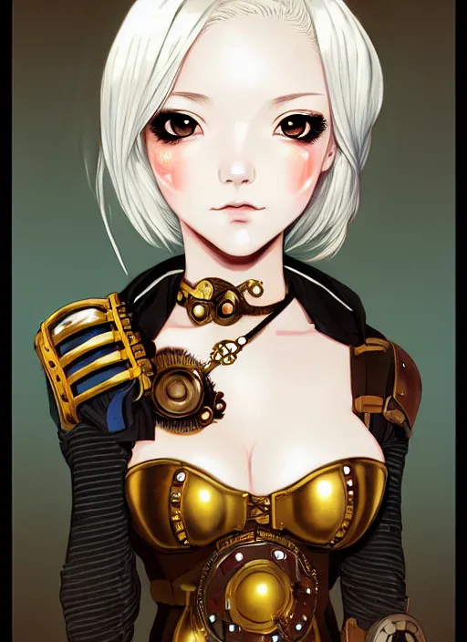 Image similar to portrait Anime girl in steampunk bikini armor, cute-fine-face by Ilya Kuvshinov, white-hair pretty face, realistic shaded Perfect face, fine details. Anime, steampunk, bioshock. realistic shaded lighting, by Gustav Klimt
