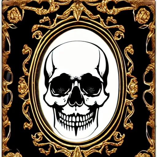 Image similar to skull, rococo decoration with gothic border, made of boulder opal