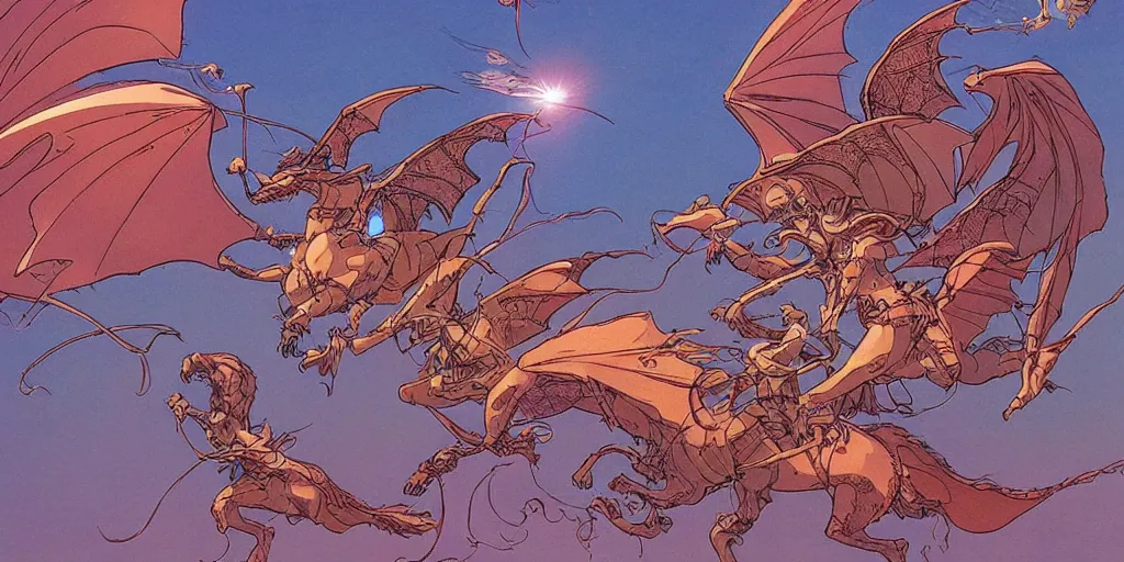 Image similar to dragonriders flying, casting magic, epic scene, 8k, illustration, art by ghibli moebius, comics art