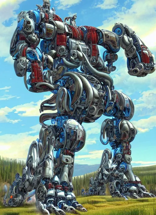 Image similar to realistic physically based rendering of a giant mechanical robot at yellowstone national park by jack kirby and simon bisley, epic, awesome trendy color palette, cinematic