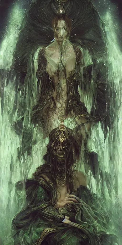 Image similar to epic masterpiece portrait of priestess played by dichen lachman, followed by head with many souls, beautiful face and flawless skin, perfect hands, emeralds by Edgar Maxence and Ross Tran and Michael Whelan