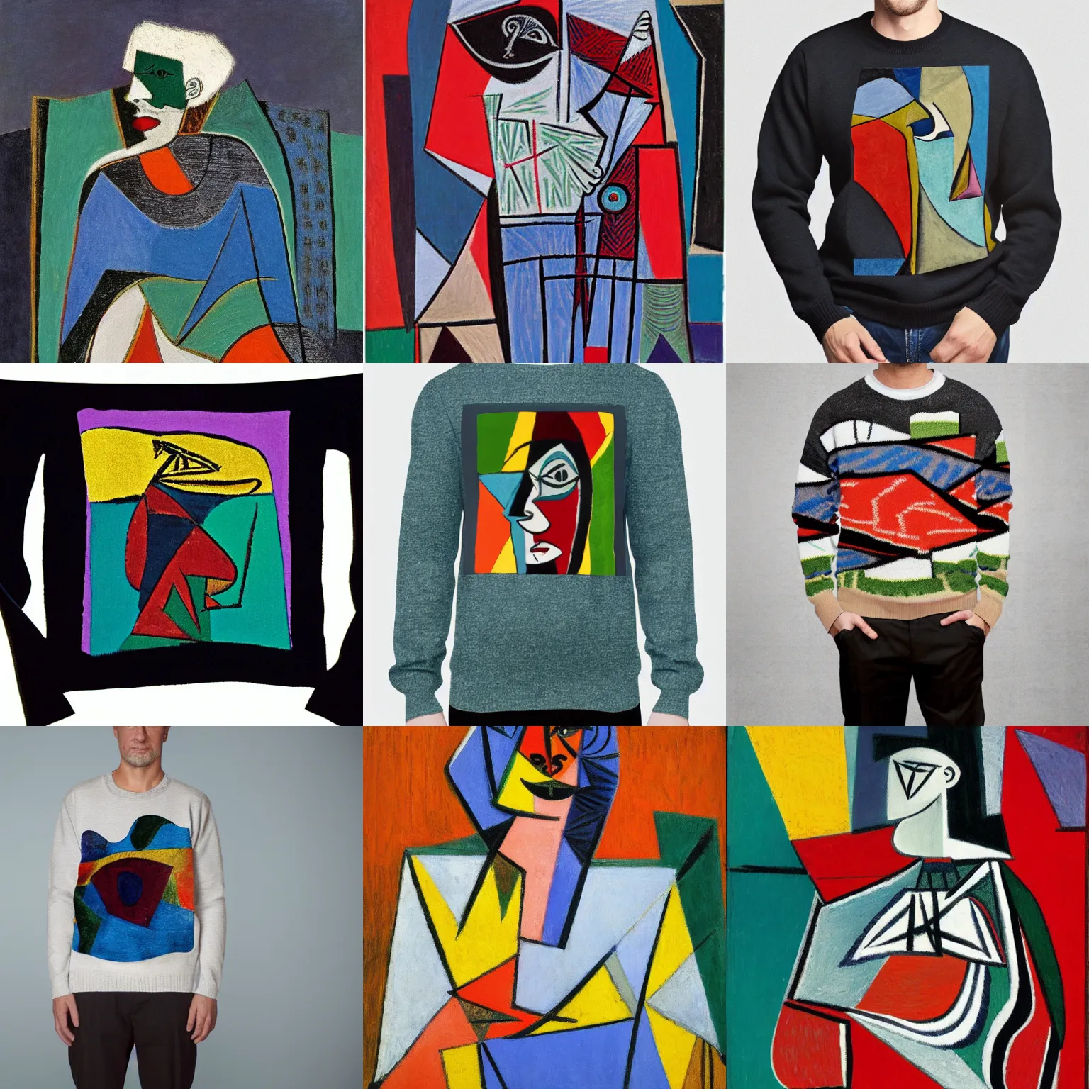 Prompt: the county poet dressed in abstract art sweater, by picasso