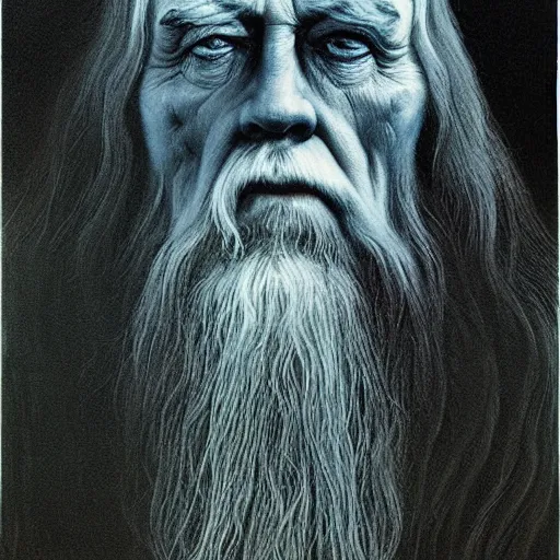 Prompt: Zdzisław Beksiński painting of Gandalf