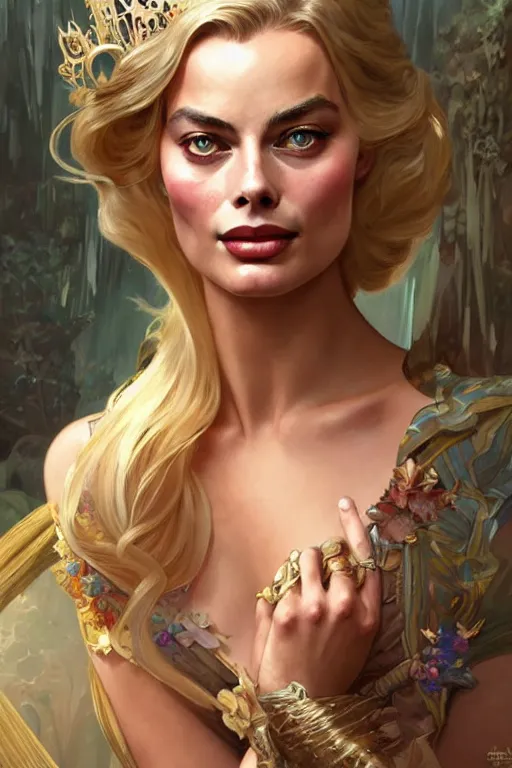 Prompt: Margot Robbie as a princess, fantasy, intricate, elegant, highly detailed, digital painting, artstation, concept art, matte, sharp focus, illustration, art by Artgerm and Greg Rutkowski and Alphonse Mucha